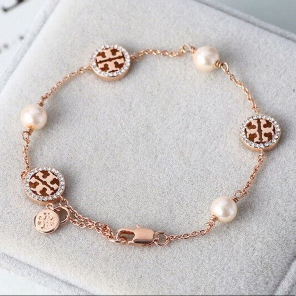 Tory Burch Rose Gold Delicate Pearl Logo Bracelet